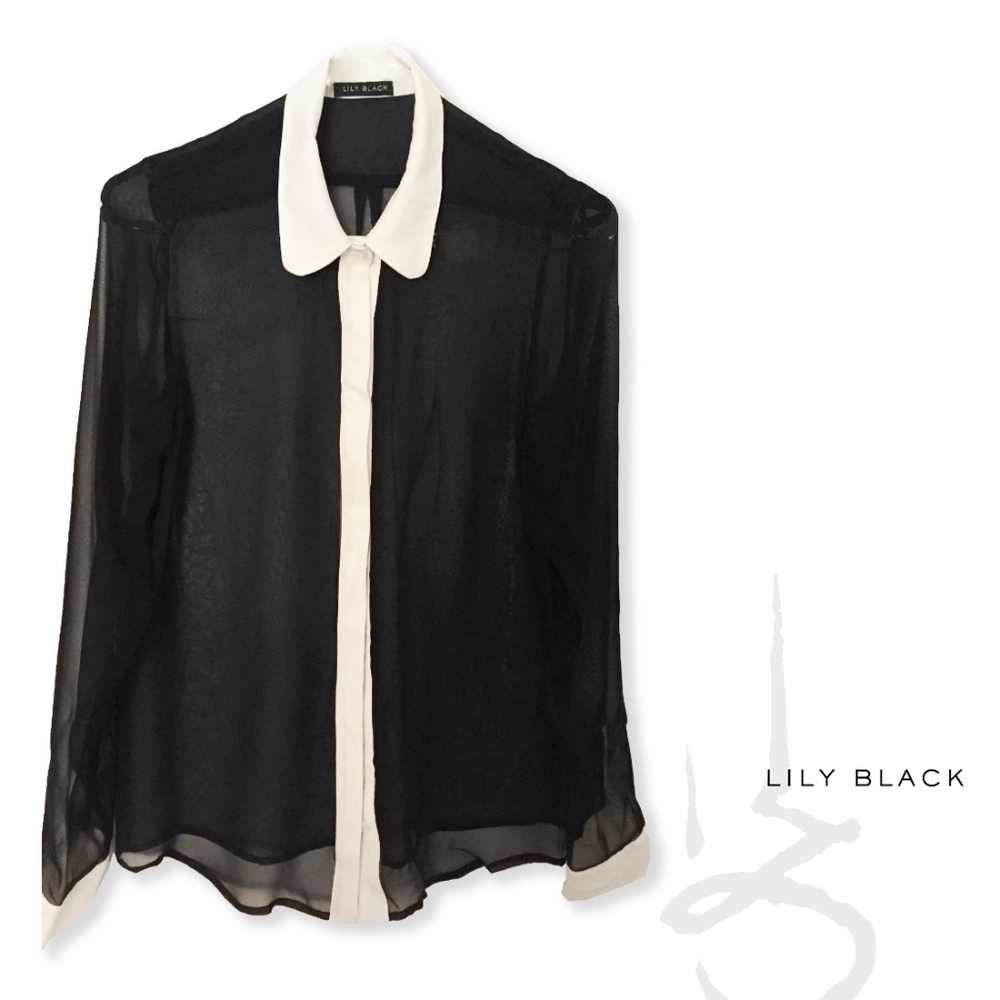 Lily Black Clarity Sheer Silk Button Down (sm) B&W